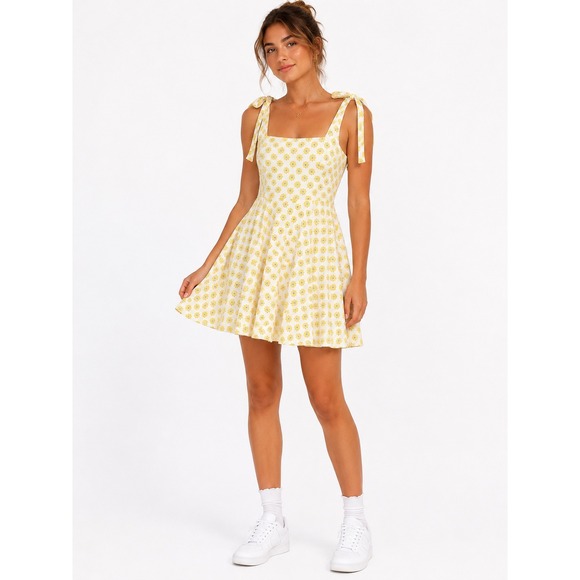 Mi Ami Dresses & Skirts - Mi Ami Mini Dress Womens Small Yellow Floral Tie Shoulder Embroidered Sundress